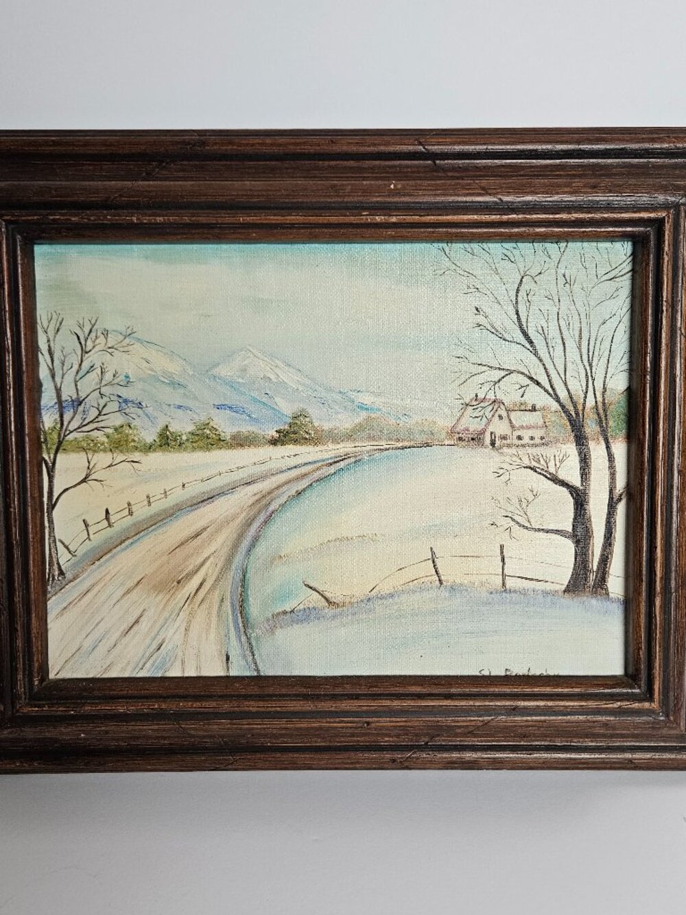 Original Winter Landscape Painting 16.5"w x 13.5" Rustic Wood Frame Farmhouse